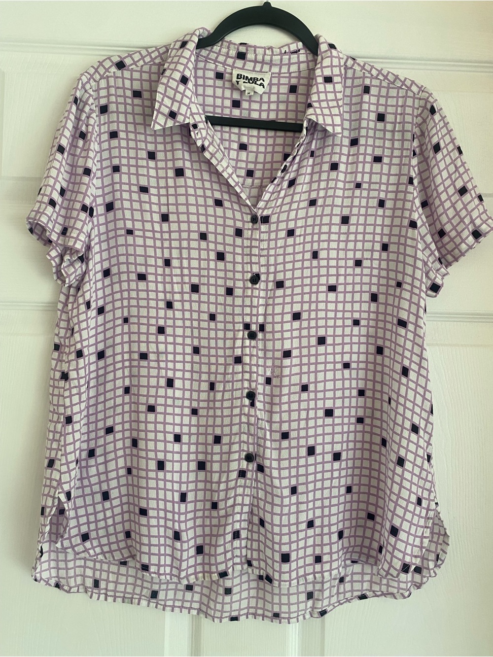 Bimba Y Lola Short-Sleeve Button-Front Blouse in Light Purple Grid Has A Flaw